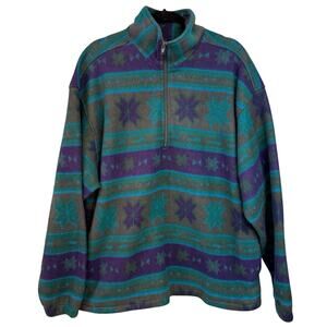 First Run Vintage Fleece Pullover Teal Purple Snowflake Zip Neck Large 90s Retro